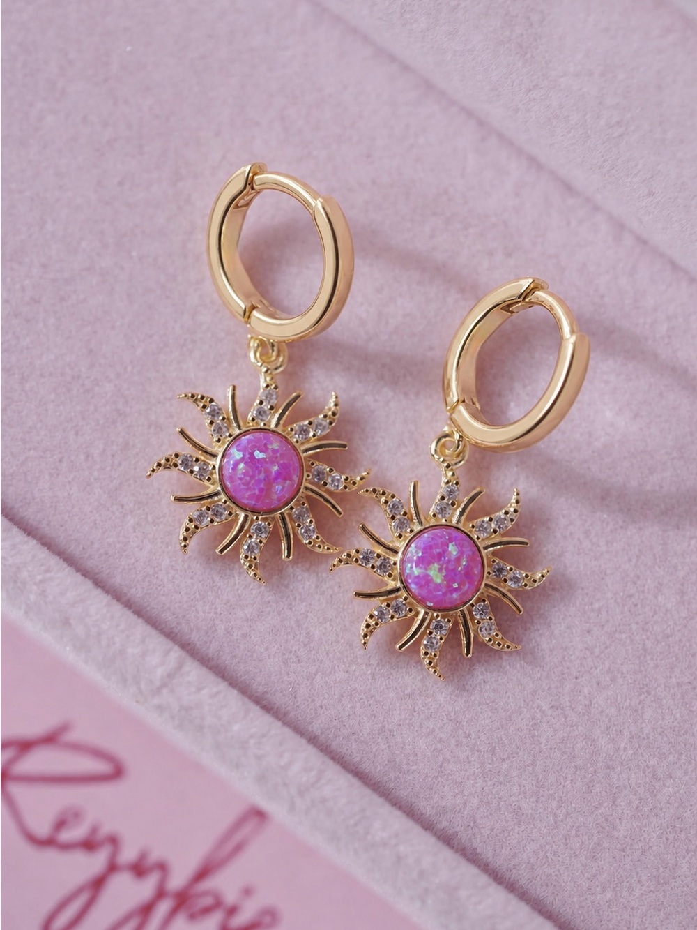 Disney tangled inspired Gold Sunburst Earrings with Pink purple Opal Center